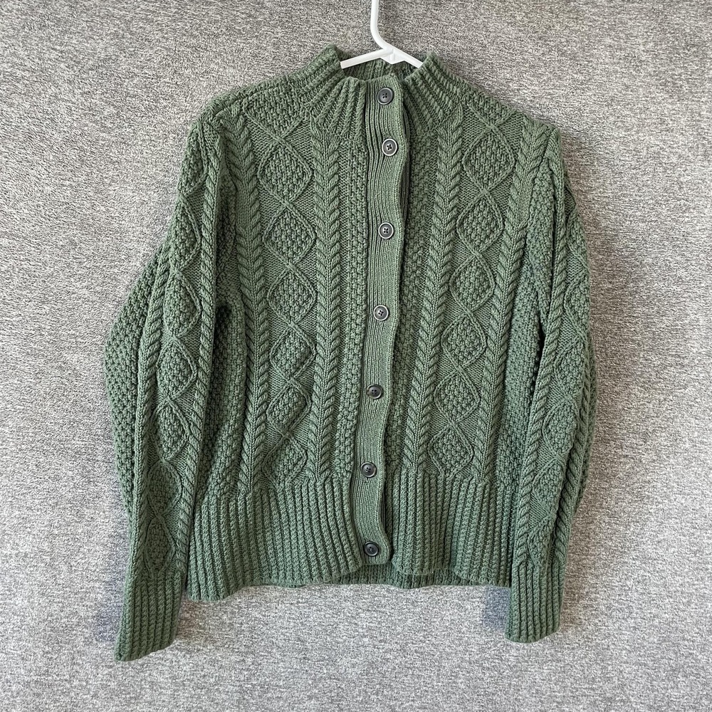 L.L. Bean Signature Cardigan Sweater Womens Medium Green Cotton Mock Neck Cable